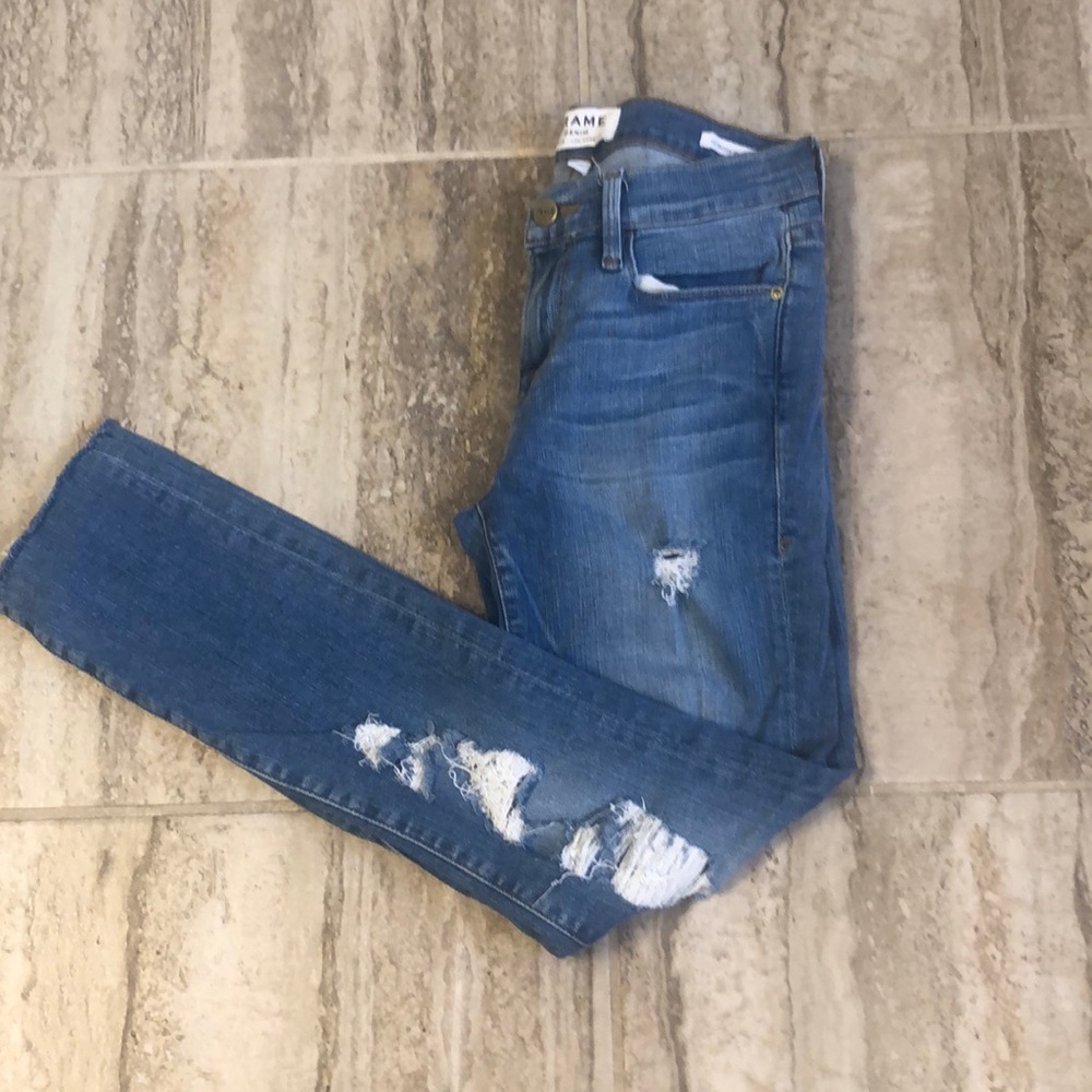 FRAME Denim Le Skinny de Jeanne Goshen Rips Raw Edge Hem Size 26
